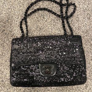 Chanel Black Sequin Medium Flap Classic Evening Bag
